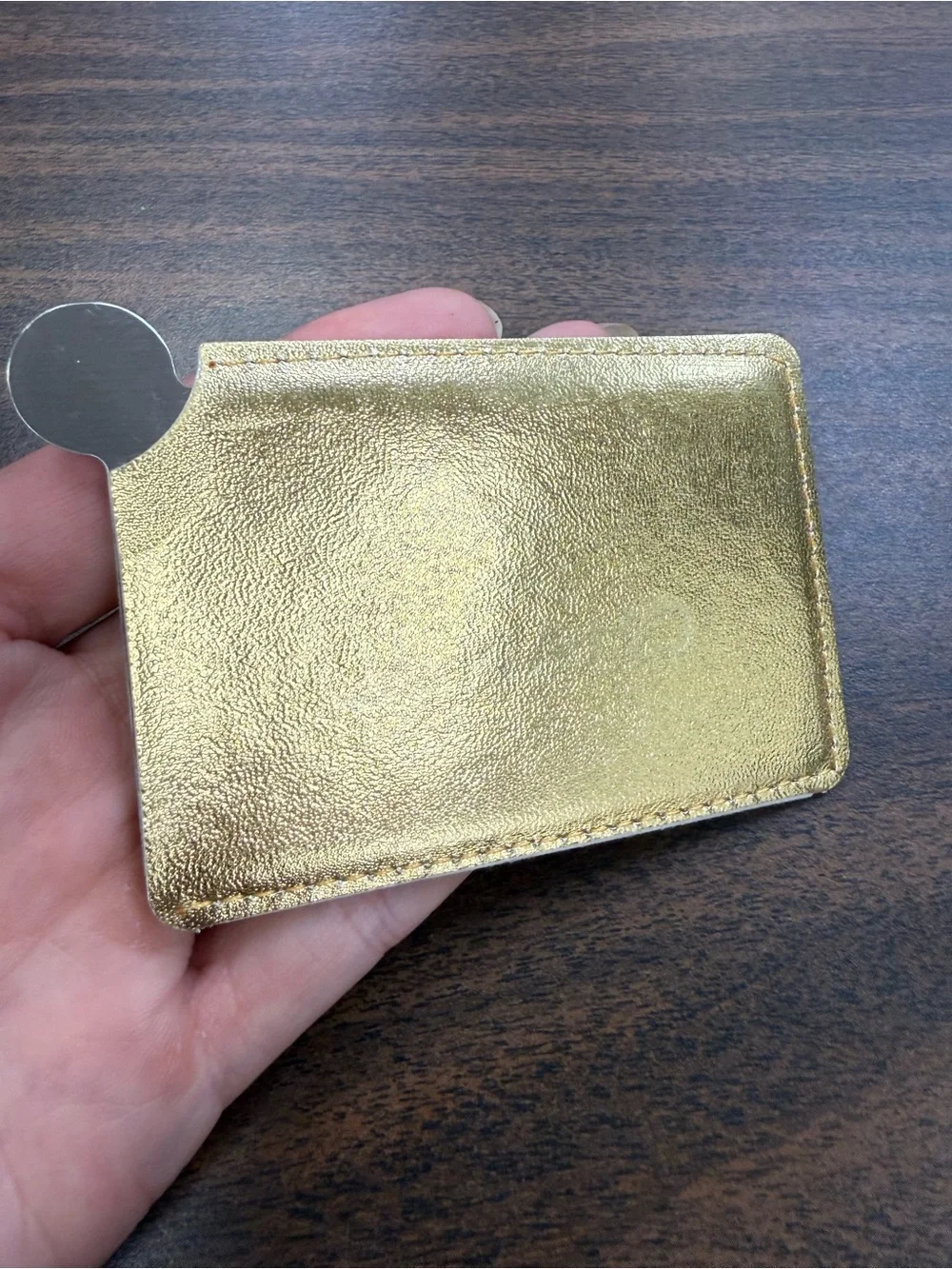 CHANEL • Metallic Gold Mirror and holder purse size collectible
